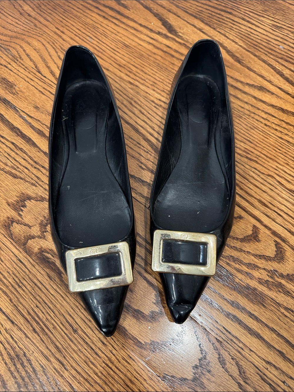 Roger Vivier Black Pointed patent Leather Flats with Gold Buckles